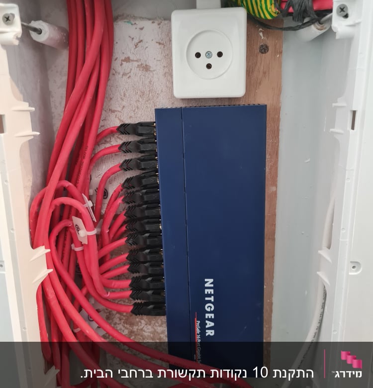 מתג רשת של נטגיר עם כבלים אדומים מחוברים